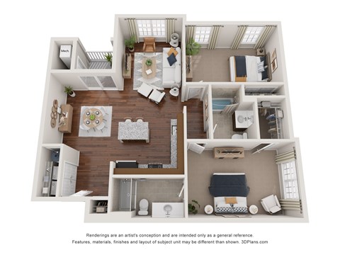 Floor plan for 2 beds, 2 baths, 1179 sqft